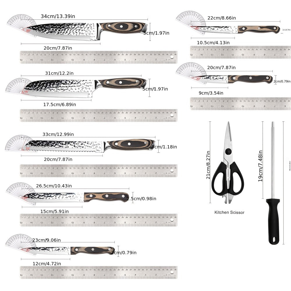 Kitchen Knife Set 15 Piece ¨C Chef Knife Block Set with Self-Sharpening Wooden Block, Steak Knives & Hammered Stainless Steel Blades, Perfect Gift for Home Cooks & Men