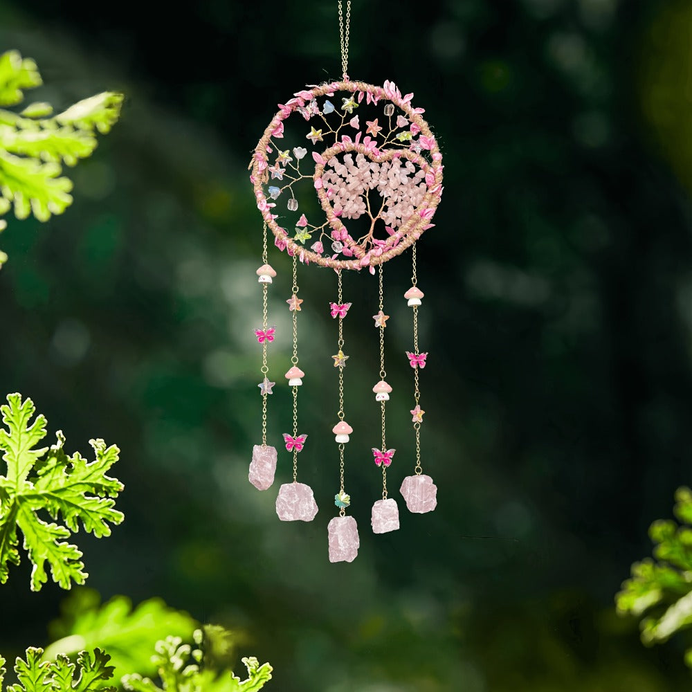 Boho Crystal Wall Hanging Decor ¨C Handmade Stone Bead Wind Chime with Colorful Gemstone Heart & Circular Crystal Pendant for Bedroom Living Room Christmas Mother's Day Thanksgiving Gift (Purple/Pink/Green)