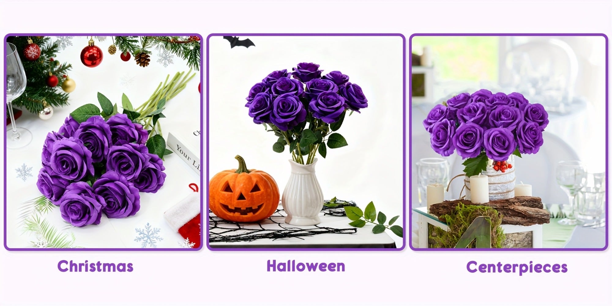 10pcs Artificial Silk Roses Bulk - Fake Flowers for Wedding Home Decor, 19.69¡± Long Stem, Deep Purple & Dark Green