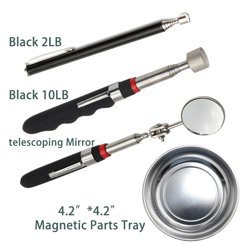 Magnetic Pickup Tool Set Telescopic Extendable - Multi-Strength Magnet Retrieval Tool for Small Metal Parts with Inspection Mirror Tray | 2 5 8 10 15 20 LB | Mechanic Garage Workshop Everyday Use