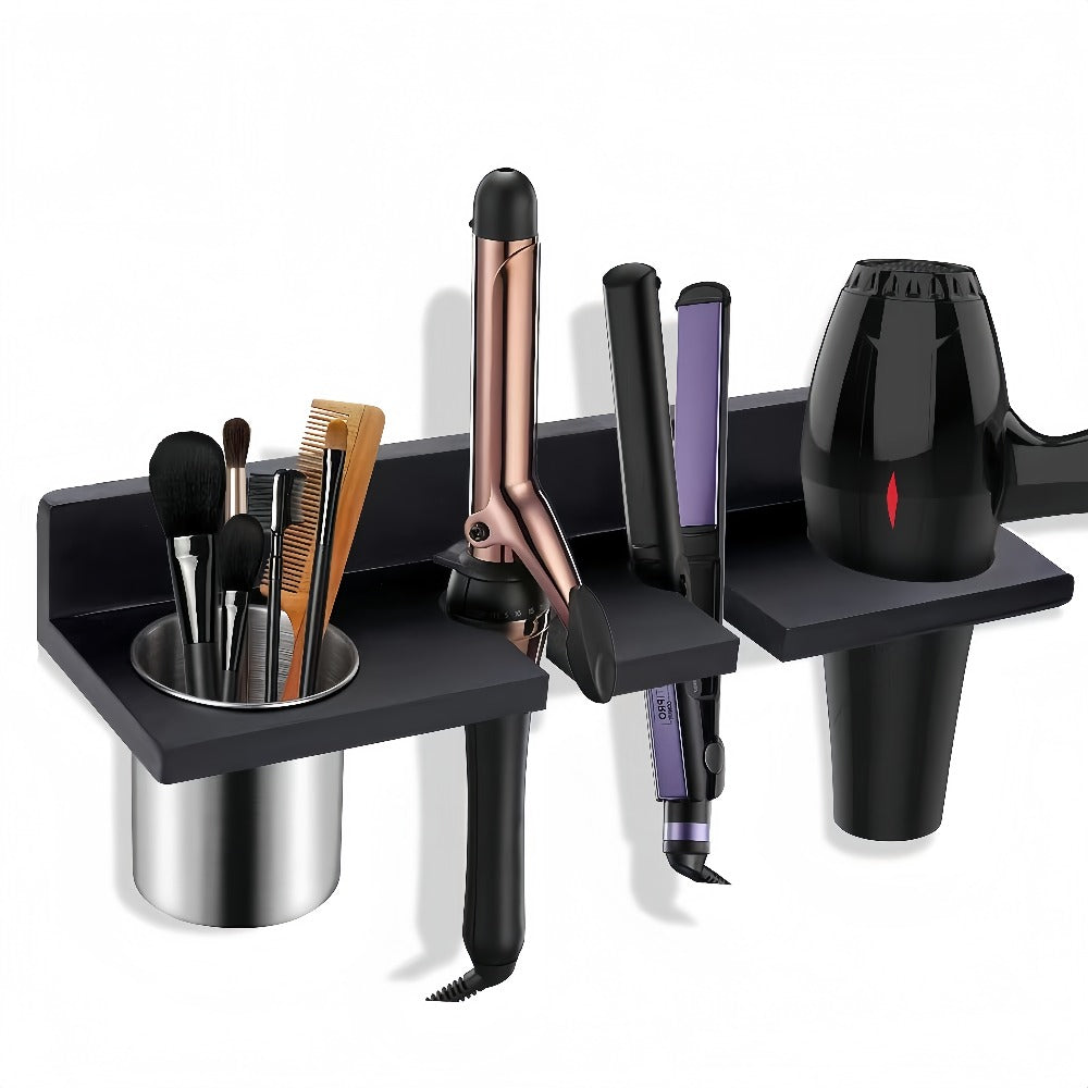 Wall Mounted Hair Tool Organizer ¨C Wooden Hair Dryer Holder & Storage Rack for Curling Iron, Straightener & Brushes, Rustic Bathroom Salon Shelf (Brown & Black)