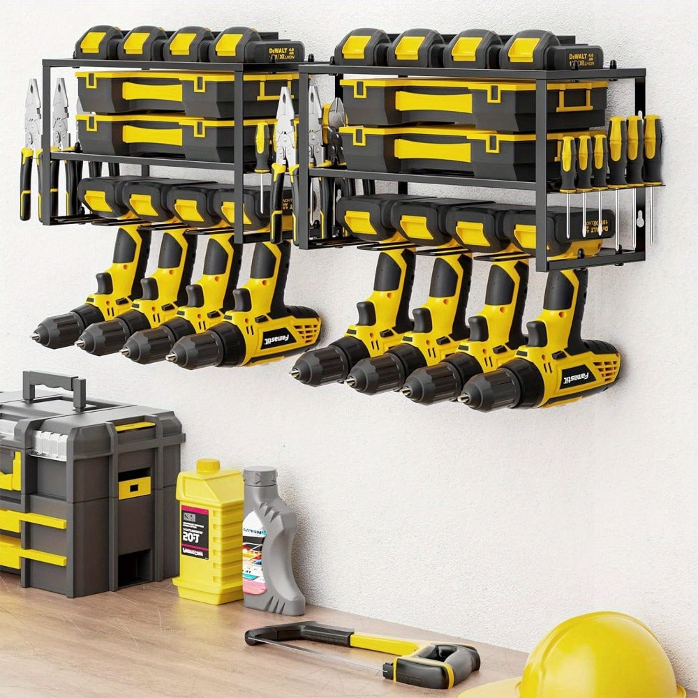 Power Drill Holder Wall Mount ¨C Heavy Duty Tool Storage Rack with 3/4 Layer Floating Shelf | Cordless Drill Organizer | 4/6/8 Drill Holders Workshop Tool Rack for Garage & Workshop Organization