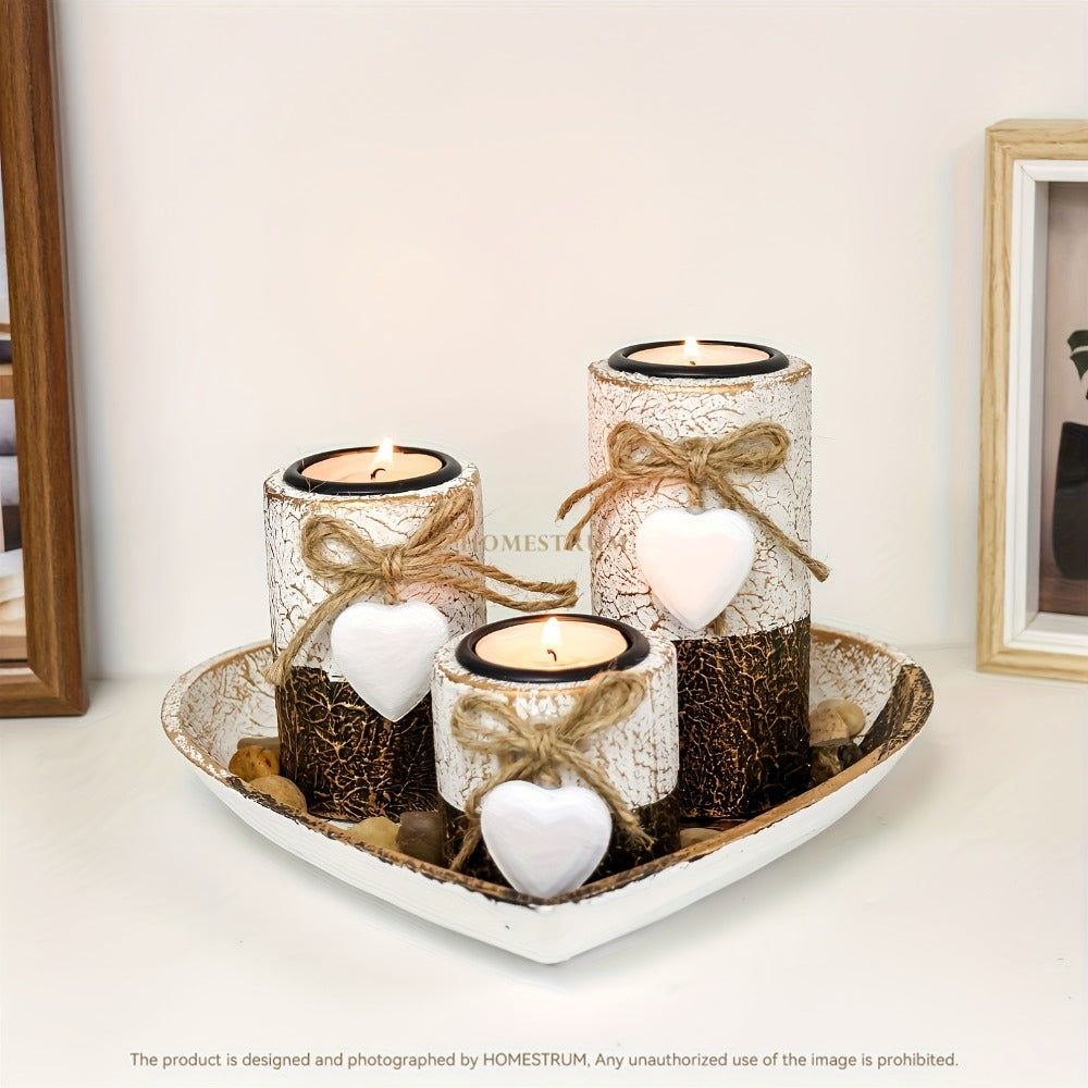 Wooden Candle Holder Set of 4 ¨C Love Heart Tray, Tea Light Holder, Knot Bow Decoration & Decorative Stone Bowl for Home Decor, Valentine's Day, Christmas & Easter Gift
