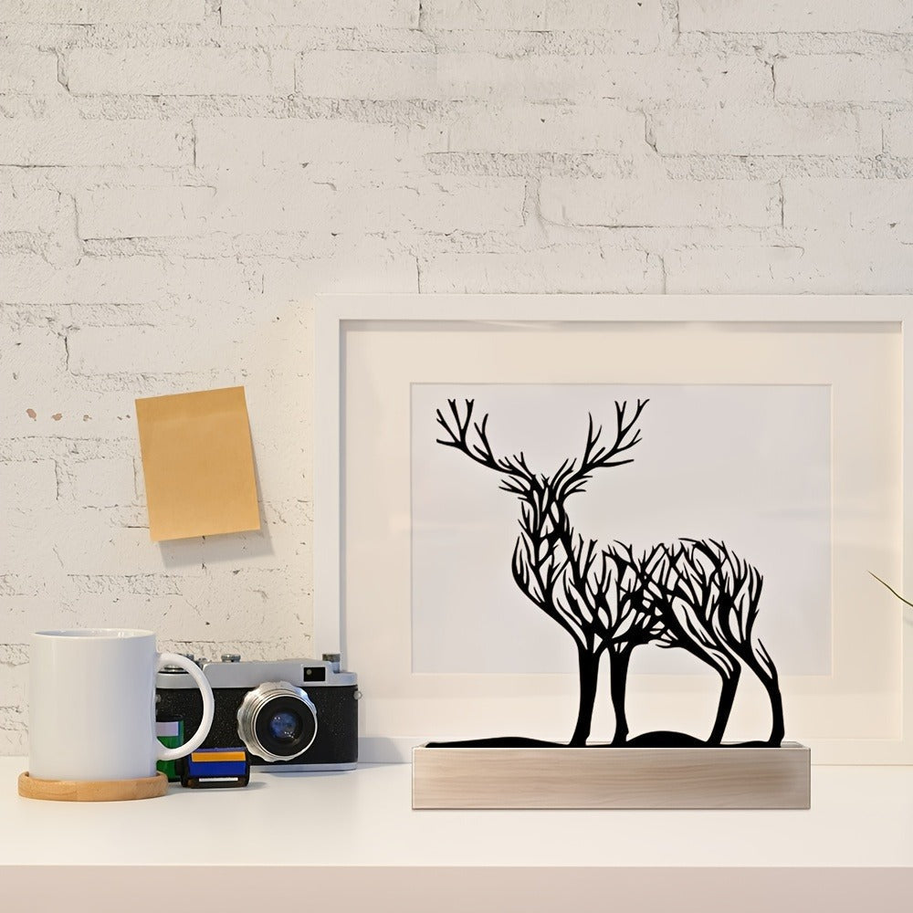Tabletop Deer Branches Decoration with Wood Base - Iron Metal Antler Desk Sculpture for Living Room Bookshelf TV Cabinet Wine Cabinet Office Desk, Halloween Christmas New Year Home Decor Gift