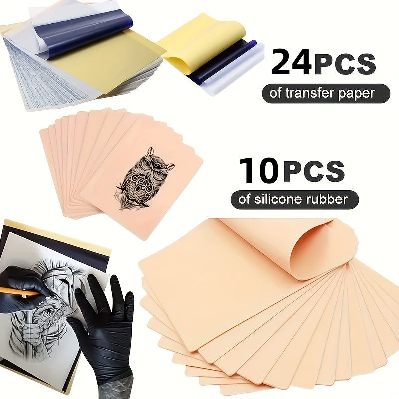 Tattoo Practice Skin Kit ¨C Double-Sided Silicone Training Skin with Transfer Papers for Microneedling, Eyebrow & Lip Tattoo ¨C Soft & Durable Beginner Set (34pcs or 71pcs)