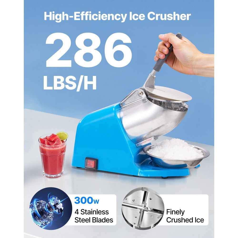 Electric Ice Crusher 300W Snow Cone Maker Shaved Ice Machine 286 lbs/h 4 Stainless Steel Blades Anti-Splash One-Touch Operation for Home Bar Office Dorm