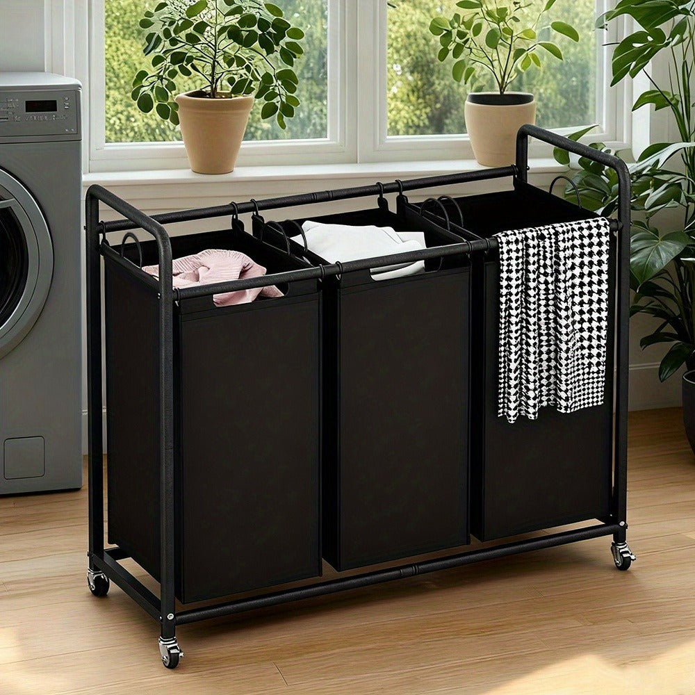 3-Bag Laundry Sorter Cart 63.4 Gallon ¨C Rolling Hamper with Lockable Wheels & Removable Bags, Heavy-Duty Fabric Laundry Basket for Bedroom & Laundry Room, Black Gray Beige Brown