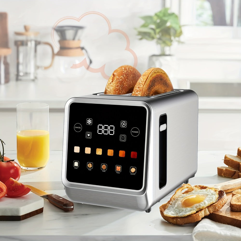 Digital Touch Screen Toaster 2 Slice Stainless Steel with 5 Bread Functions 7 Shade Settings Bagel Defrost Reheat Cancel Removable Crumb Tray LED Display Kitchen Toaster