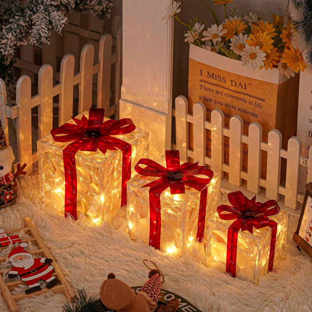 Christmas Light-Up Gift Boxes Set of 3 ¨C USB & Battery LED Warm White Lighted Decorations with Timer, 8 Lighting Modes, Red Bow, Indoor Outdoor Holiday Home Decor