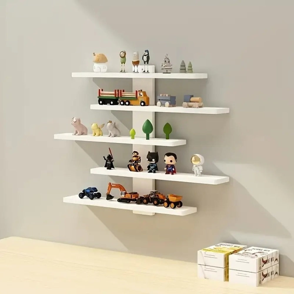 5-Tier Wall Mounted Floating Display Shelf Adjustable Fiberboard | Modern Decorative Storage Rack for Action Figures Building Blocks Collectibles Dolls Statues Home Office Shelving Unit Black White
