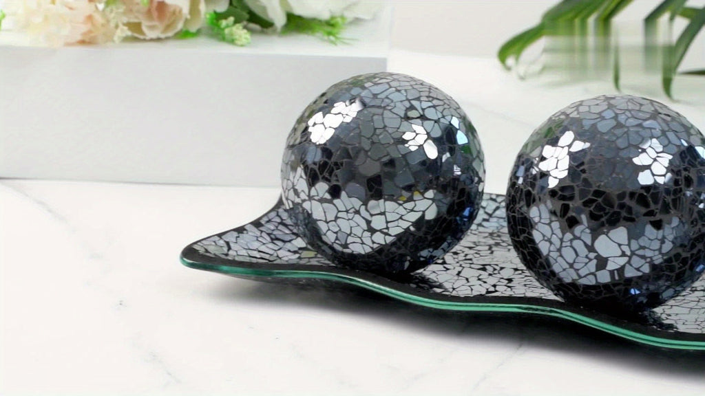 Decorative Glass Balls for Bowls 3 Inch Set of 3 with Glass Tray, Bowl Fillers Centerpiece Table Decorations for Home Decor Living Room Dining Coffee Table, Silver Black Gold Green