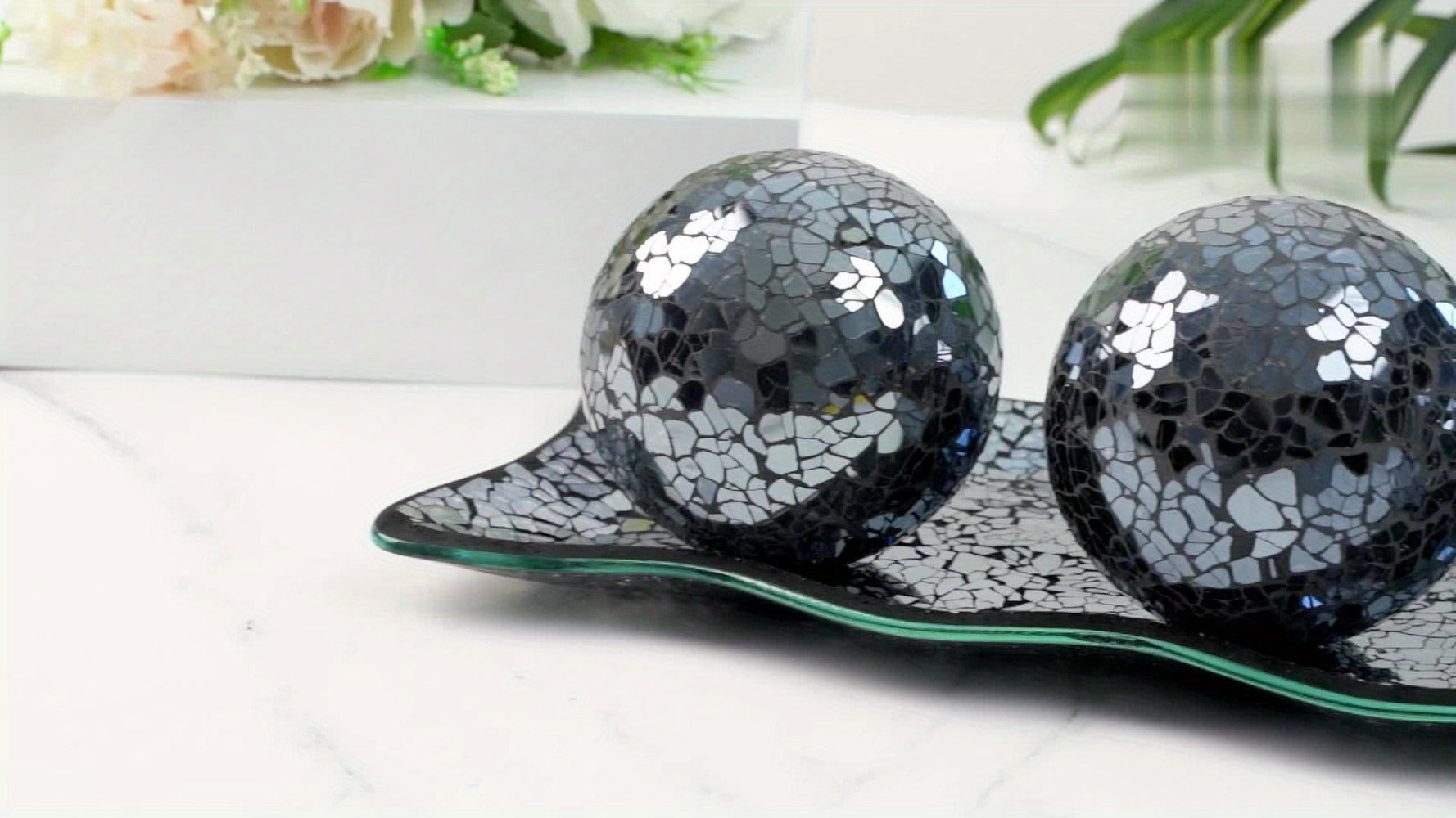Decorative Glass Balls for Bowls 3 Inch Set of 3 with Glass Tray, Bowl Fillers Centerpiece Table Decorations for Home Decor Living Room Dining Coffee Table, Silver Black Gold Green