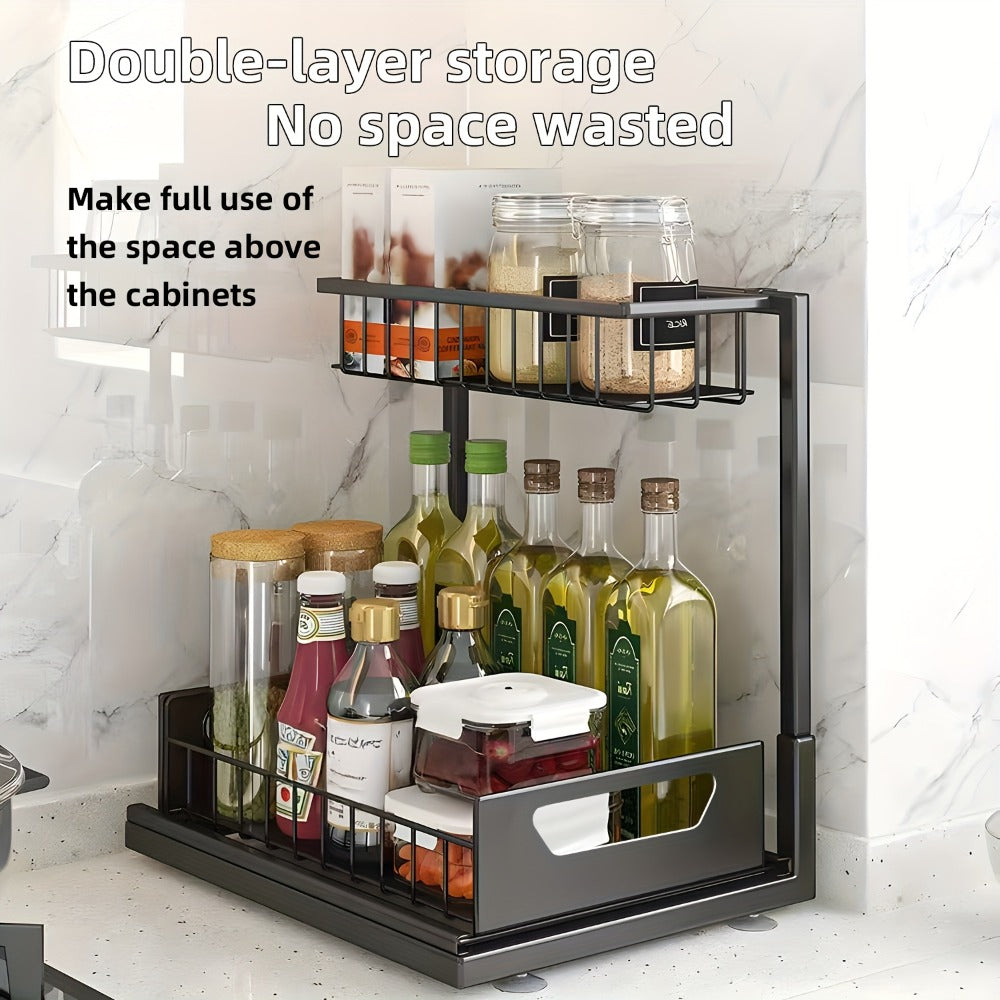 2-Tier Pull-Out Cabinet Organizer Metal Sliding Drawer, Kitchen Sink Storage Container for Bathroom Tabletop Study, Push-Pull Stackable Organizer for Kitchen Bathroom Cabinet