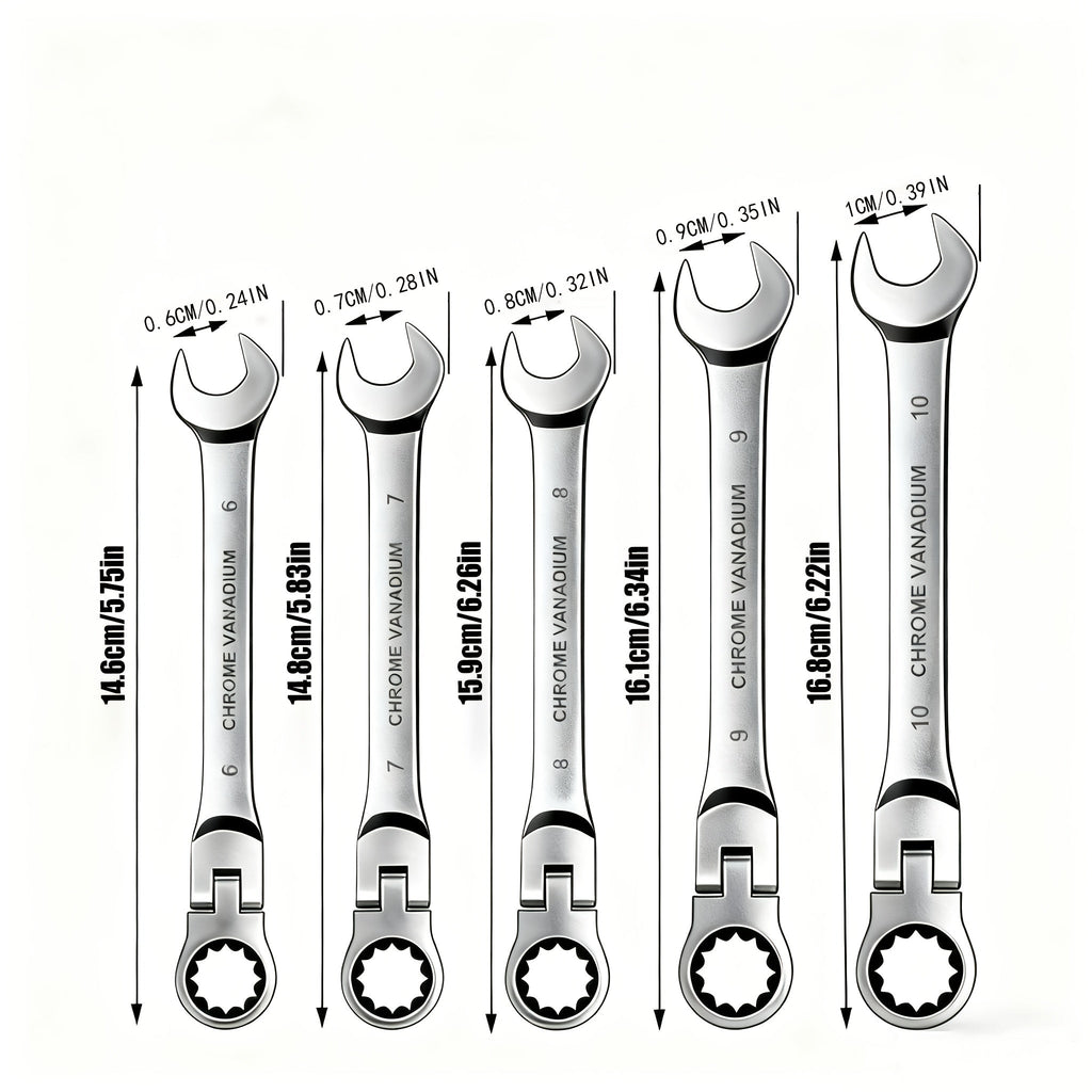 Ratchet Wrench Set 5pcs Flexible Head 6-10mm Metric Chrome Vanadium Steel 72-Tooth Combination Wrench Open Closed End for Automotive Bicycle Home Repair Mechanic Hand Tool Kit Silver