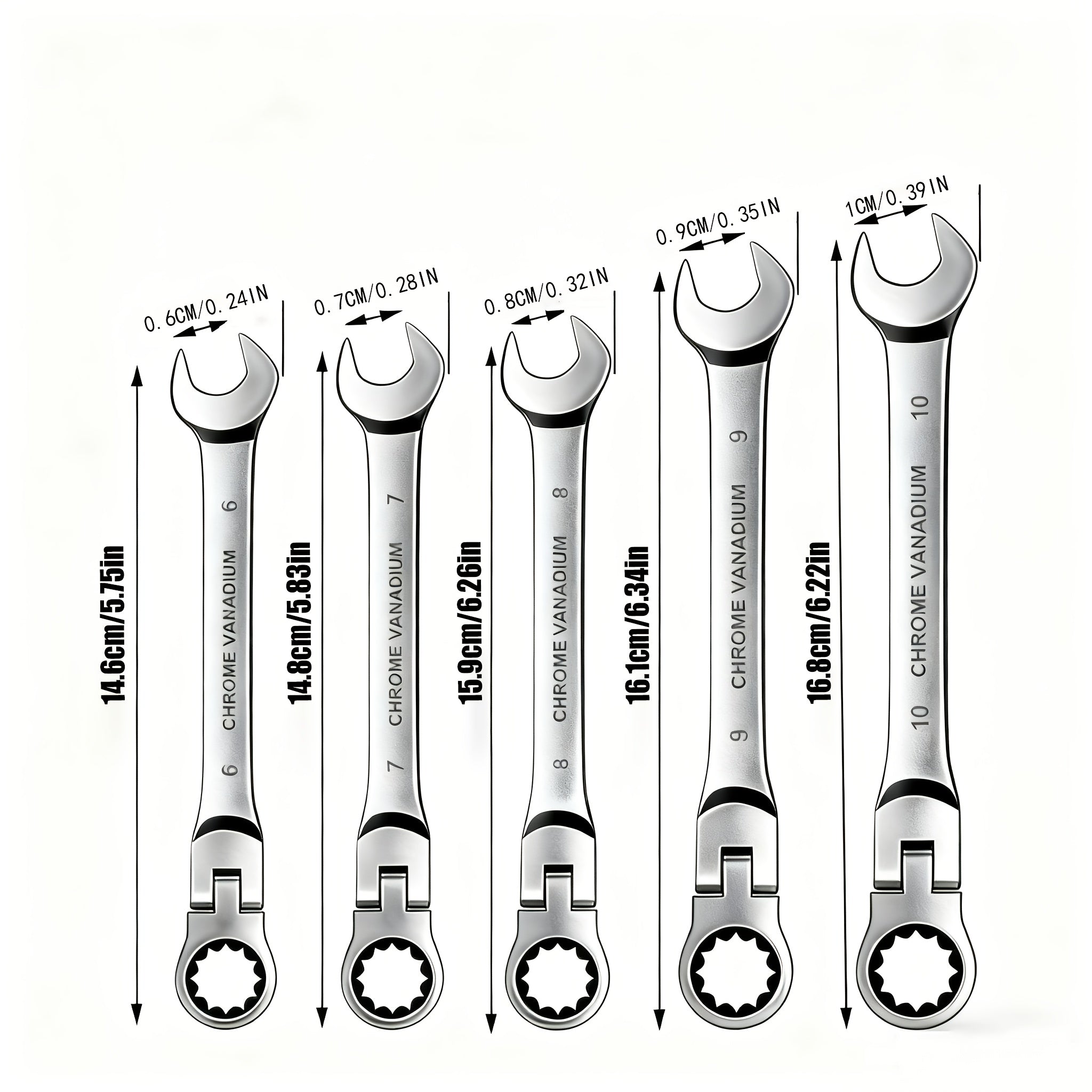 Ratchet Wrench Set 5pcs Flexible Head 6-10mm Metric Chrome Vanadium Steel 72-Tooth Combination Wrench Open Closed End for Automotive Bicycle Home Repair Mechanic Hand Tool Kit Silver