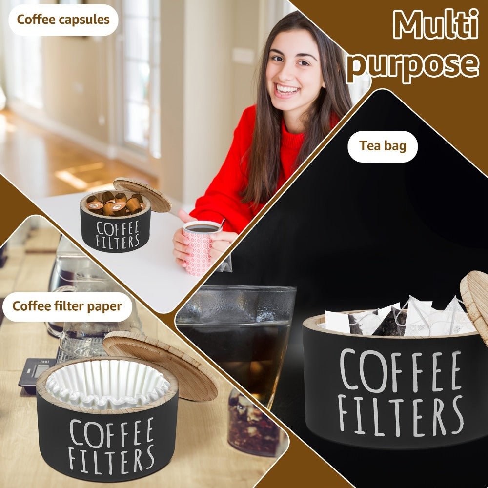 Wooden Coffee Filter Holder with Lid ¨C Large Capacity Rustic Round Organizer Dispenser for Coffee Filters & Tea Bags, Bamboo Lid, Kitchen Countertop Coffee Bar Decor
