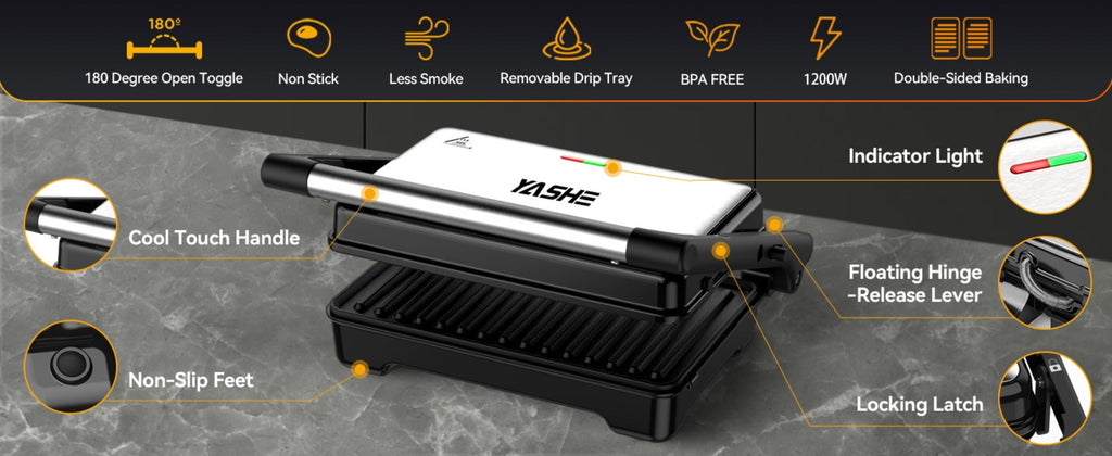 Panini Press Sandwich Maker 1200W, Non-Stick Cast Aluminum Grill with 180-Degree Opening, 2-Slice Panini Maker with Indicator Lights, Even Heat Distribution for Sandwiches Steaks Waffles