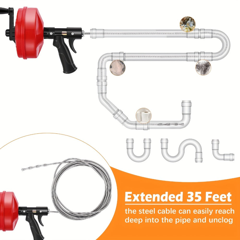 Drain Snake Auger 25ft with Drill Adapter - Heavy Duty Manual & Drill-Powered Plumbing Snake, 1/4¡± Spiral Head for 1-1/4¡± to 3¡± Pipes, Clog Remover for Shower Sink Toilet Bathtub, Gloves Included