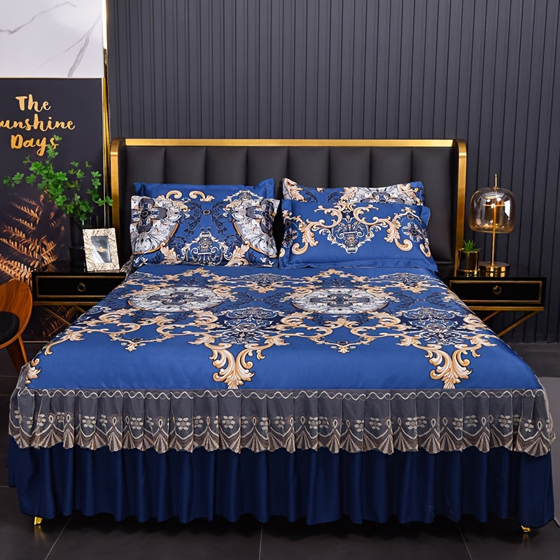 Floral Ruffle Bed Skirt Cool Mat 3 Piece Set with Pillowcase, Double Layer 360¡ã Full Wrap Washable Cooling Mattress Cover, Breathable Summer Bedding Set for Twin Full Queen King, Parisian Romantic Floral