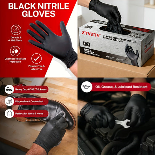 Black Nitrile Disposable Gloves 200 Pack S/M/L/XL, Latex-Free Chemical Resistant Industrial Grade Gloves for Cleaning Tattooing Painting Car Washing Dishwashing