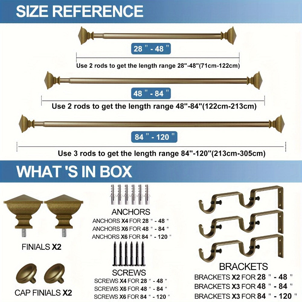 Double Curtain Rod Set with Square Urn Finials Adjustable Double Drapery Rod 5 Finishes 2 Sizes Window Curtain Hardware Easy Install