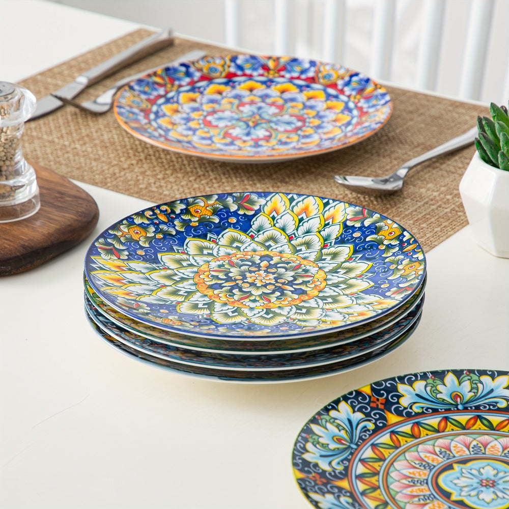 Bohemian Ceramic Dessert Plate Set of 6 - 8.5 Inch Colorful Abstract Pattern Dinnerware, Lead-Free Glazed Porcelain Plates, Dishwasher & Microwave Safe, Boho Home Decor Gift for Kitchen Dining Table