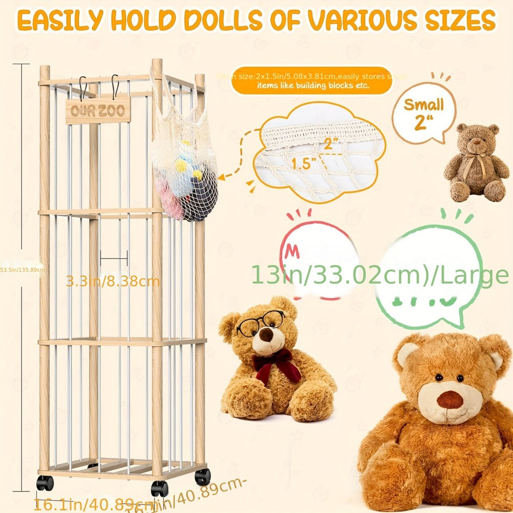 Stuffed Animal Storage Holder with Wheels Natural Pine Wood Plush Toy Organizer Zoo Rack - Large Capacity 2 or 3 Tier with Building Block Bag for Nursery Playroom Bedroom Space Saver