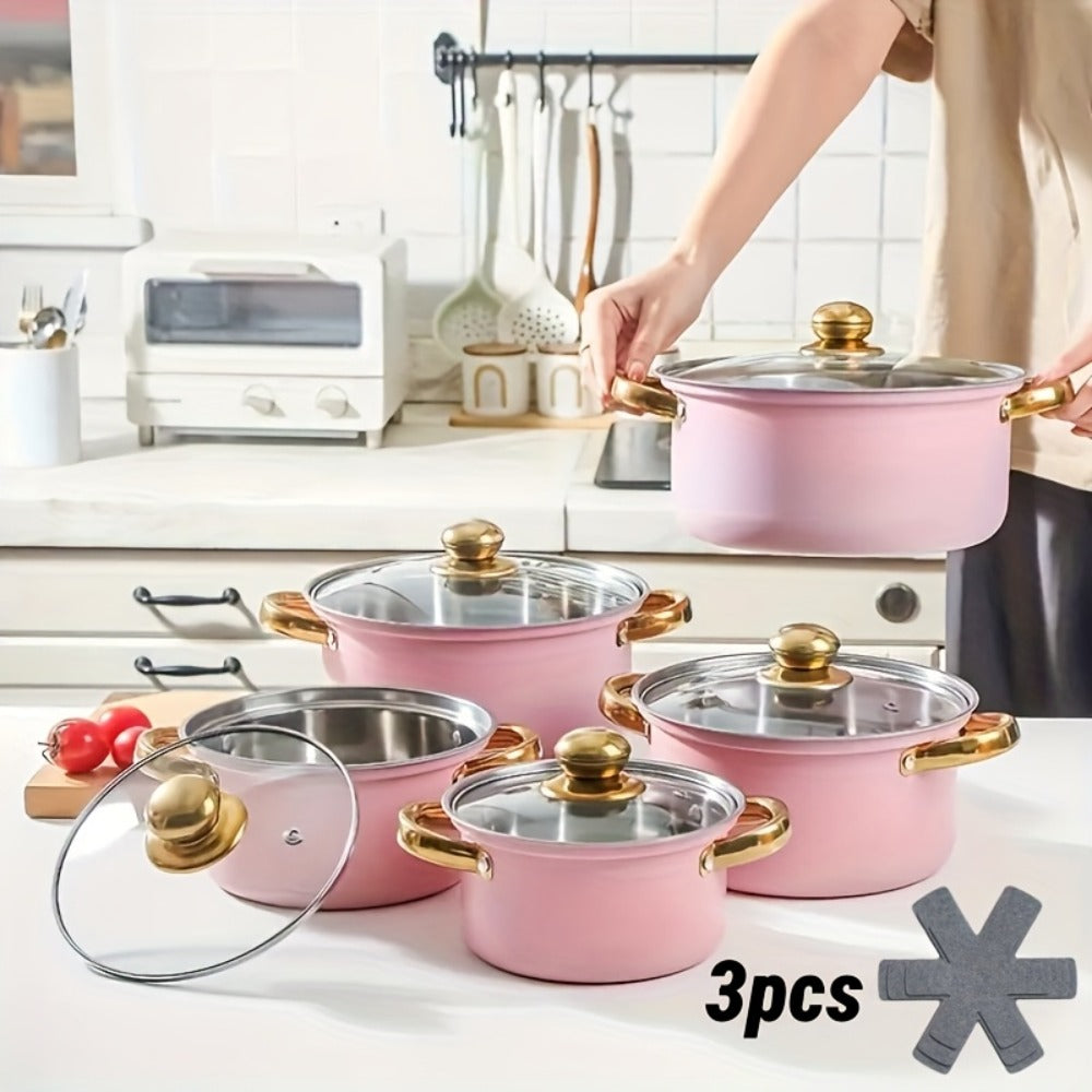 304 Stainless Steel Cookware Set with Golden Handles, 1/10/15pcs Deep Thick Soup Pot & Pan Set for Induction & Gas Stoves, Outdoor Camping & Kitchen Cooking, Pink, Silver & Orange
