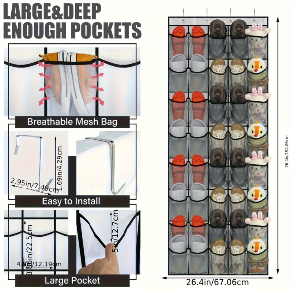 Over the Door Shoe Organizer Hanging Mesh Pocket | 28 35 40 Compartments 7-8 Layer with Hooks | Behind Door Storage Rack for Closet Dorm Room Bedroom Classroom Bathroom