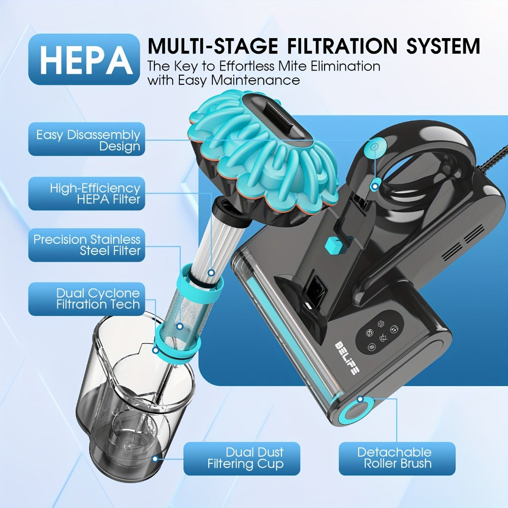 Mattress Vacuum Cleaner 550W 20Kpa ¨C Belife M8 Bed Vacuum with UV Light, Hot Air Heating, HEPA Filter & Dual Dust Cup for Couch, Pillow & Pet Hair (Corded)