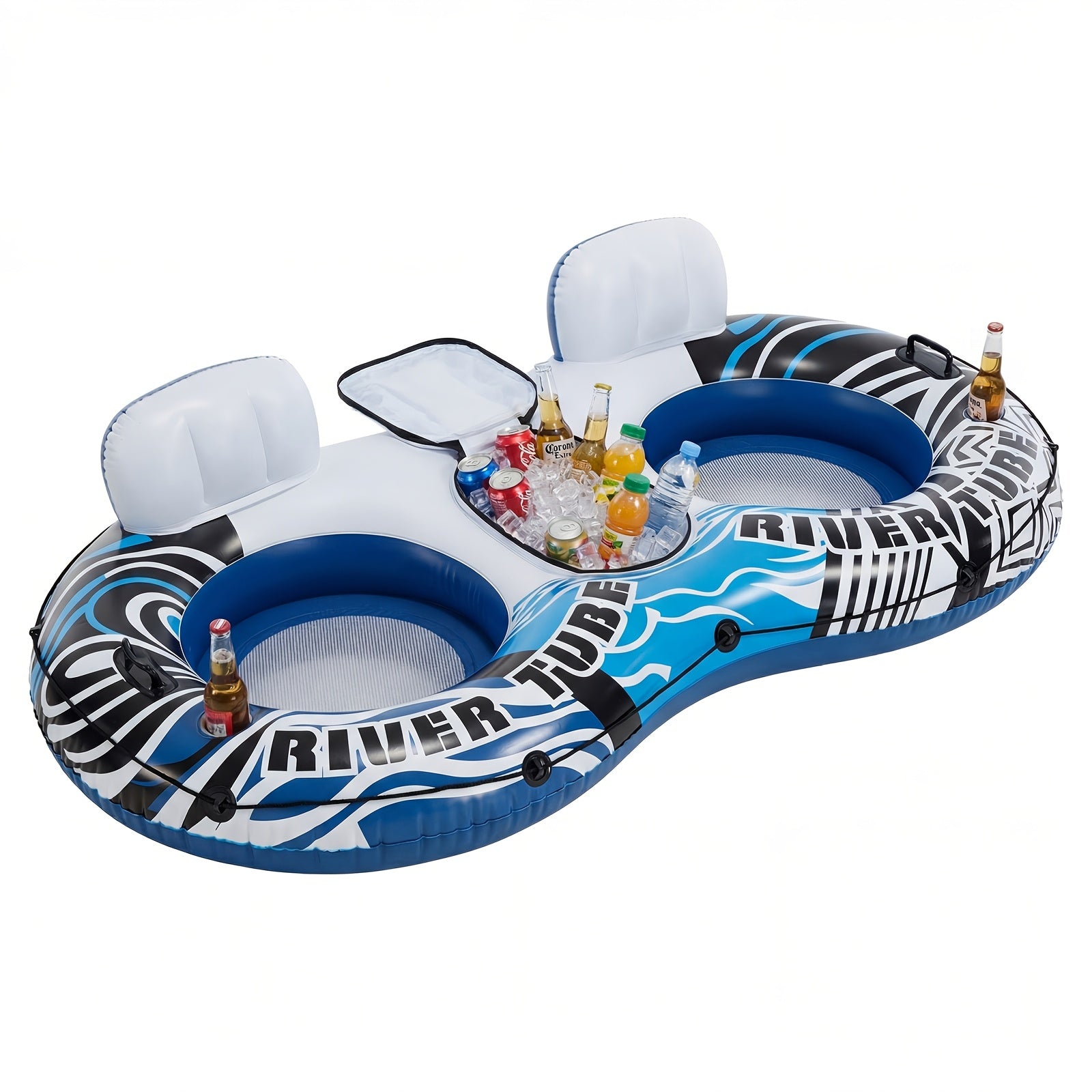 Inflatable Pool Float Bed with Detachable Cooler ¨C Heavy Duty Double Adult Lounge Raft with Cup Holders for Swimming Pool, River & Lake, Durable Blow Up Water Lounger Chair, Blue & Green / Blue & White