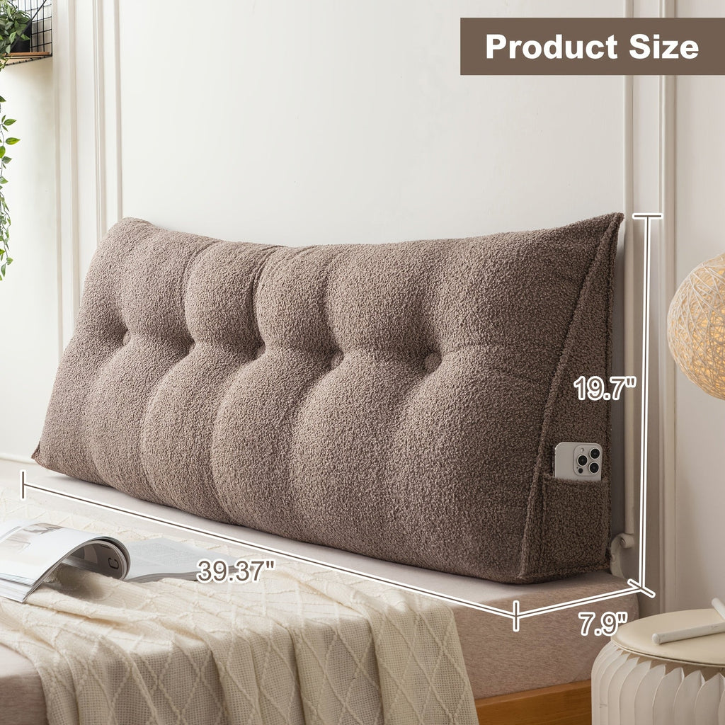 Bed Wedge Pillow Headboard Pillow with Side Pockets Removable Washable Cover Teddy Velvet Reading Pillow Twin Queen King