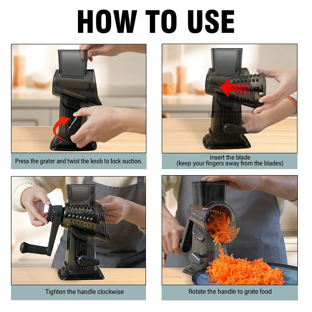 Rotary Vegetable Chopper Cheese Grater 5 Interchangeable Drum Blades Suction Base Ergonomic Handle for Cheese Vegetables Nuts Slicing Shredding
