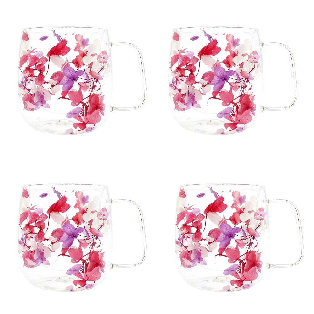 Double Wall Glass Coffee Cups with Handle Set of 4 ¨C Borosilicate Thermal Mugs for Latte Cappuccino Tea | Dried Flower & Petal Design Transparent Drinkware for Office Home Gifts
