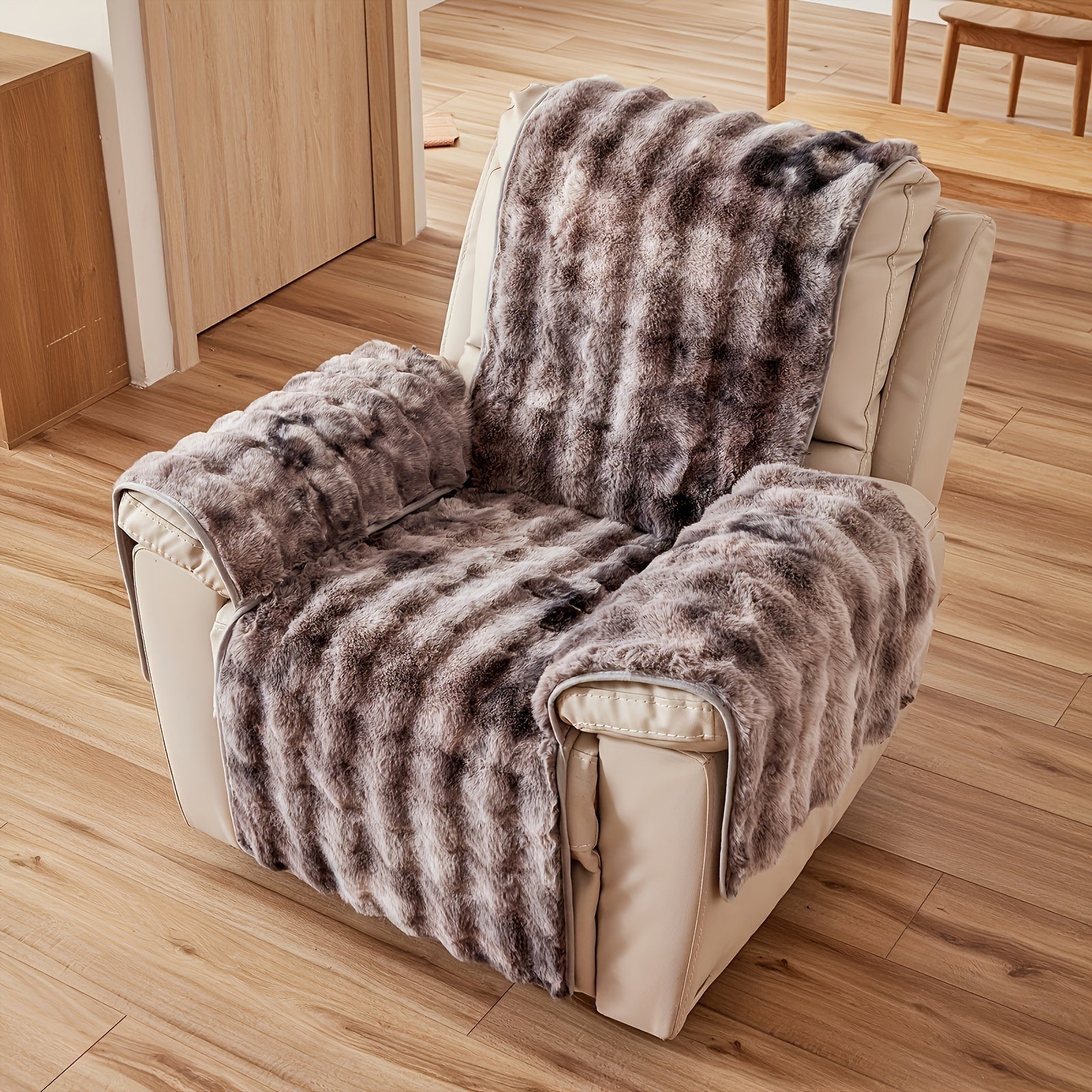 Faux Rabbit Fur Recliner Cover Thick Warm Glam Style Non-Slip Pet Friendly Machine Washable Plush Armchair Slipcover for Living Room Office - Coffee Gray White