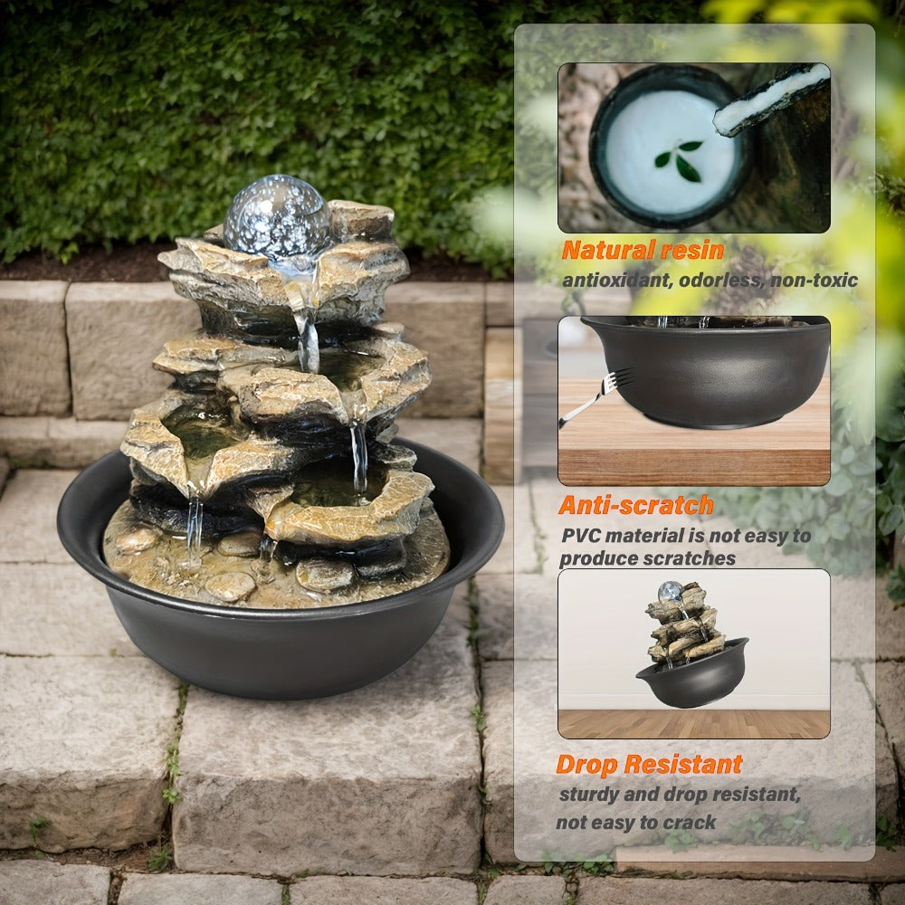 Indoor Tabletop Fountain with LED Lights ¨C Crystal Ball Rolling Waterfall Desktop Zen Fountain Humidifier for Living Room Office Bedroom