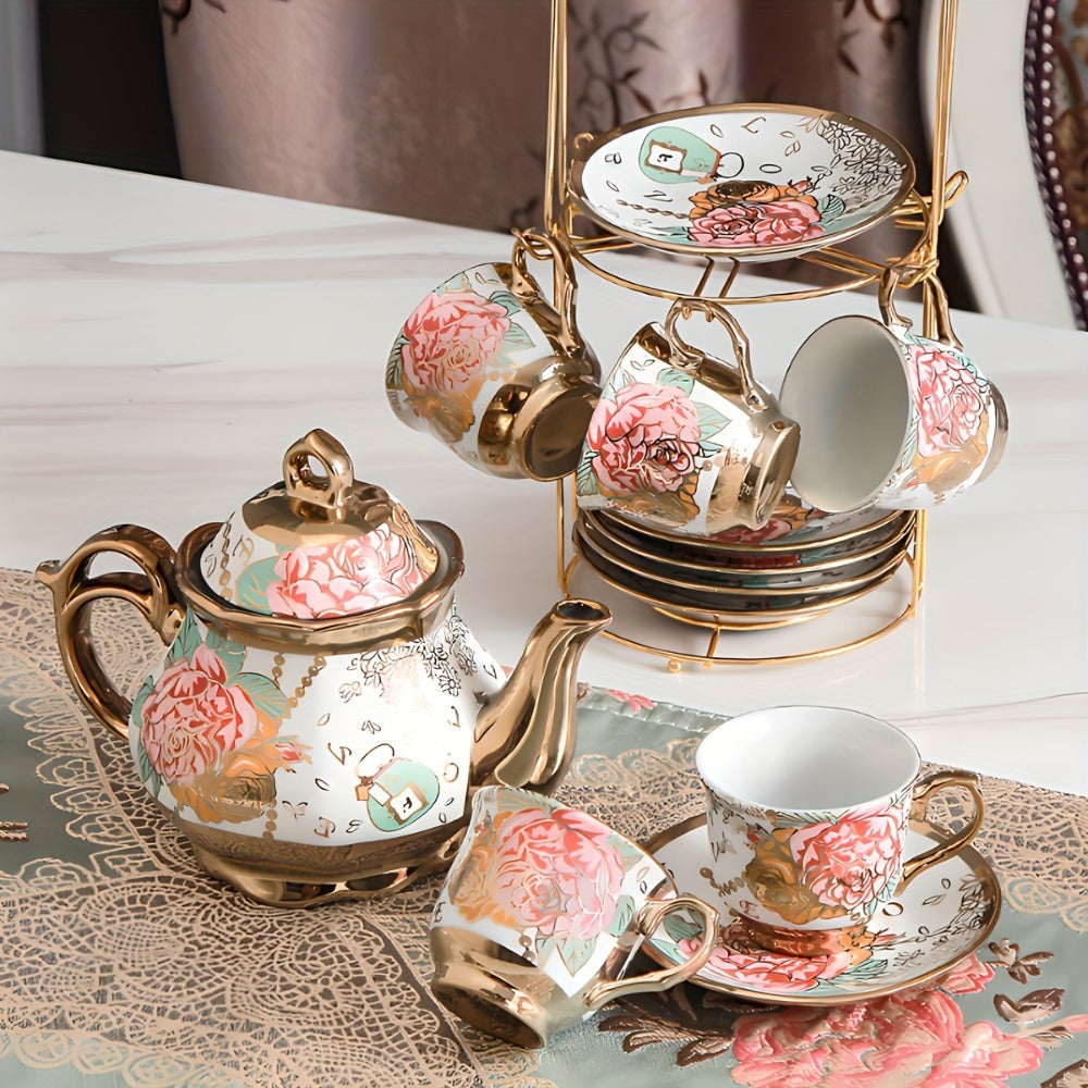 Floral Ceramic Tea Set 20 Pcs ¨C European Porcelain Tea Cups & Saucers with Metal Holder & 15 Oz Teapot ¨C Luxury Arabic Coffee Cup Set for Espresso, Cappuccino & Afternoon Tea ¨C Elegant Gift