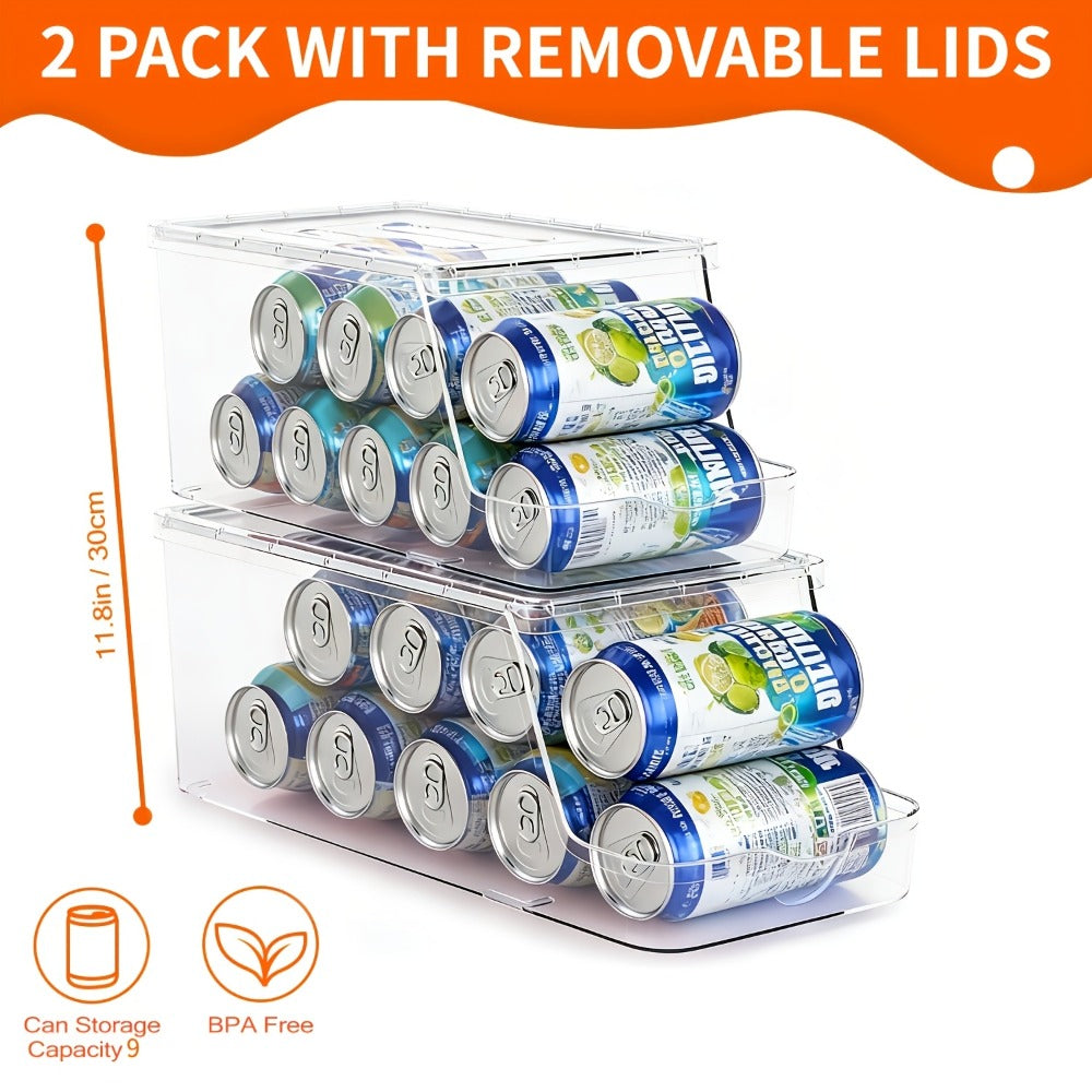Soda Can Organizer for Refrigerator Stackable | Can Holder Dispenser with Lid for Fridge, Pantry & Freezer ¨C Holds 9 Cans Each, BPA-Free Clear Design, 1 or 2 Pack