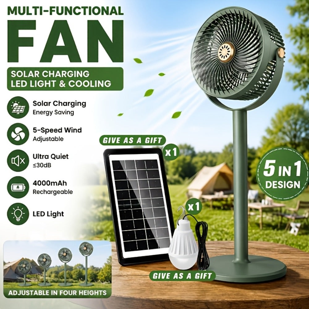 Solar Floor Fan 33-Inch Rechargeable 4000mAh USB Standing Fan Power Bank 2-in-1 360¡ã Tilt 5-Speed 4-Height Adjustable for Indoor Outdoor Courtyard RV Camping