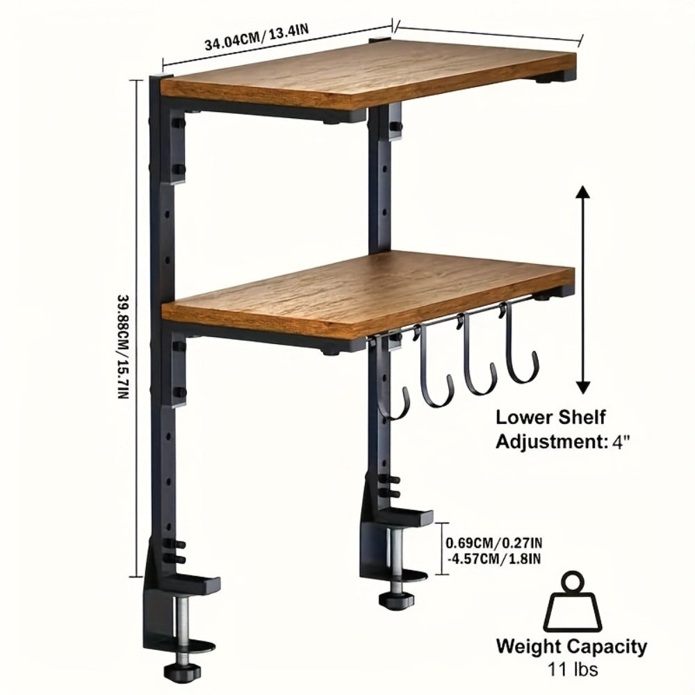 2-Tier Desktop Storage Shelf ¨C Heavy-Duty Carbon Steel Desk Organizer, Adjustable Space-Saving Rack with Rustic Brown Finish, No Tools Needed, for Home Office Desk Workshop Workspace