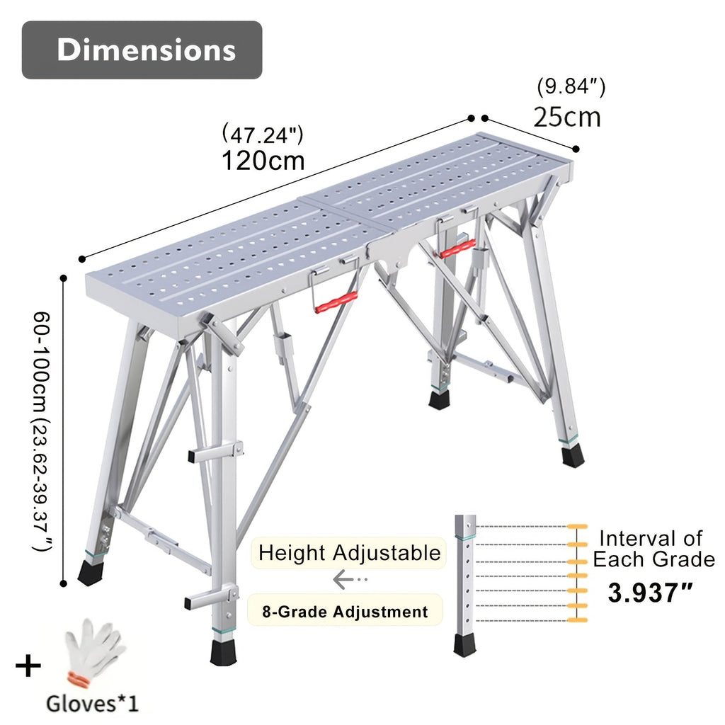 Adjustable Folding Scaffolding Work Platform 800 lbs, Portable Drywall Bench Step Ladder with Anti-Slip Feet & Safety Lock, Height 31.5¡±-49.2¡±, for Painting, Cleaning, Car Washing & Decorating