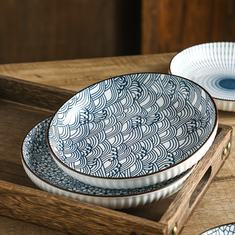 Blue White Ceramic Plates Set of 4 Round Shallow Serving Plates for Pasta Salad Bread Desserts - Holiday Dinnerware for Christmas Easter Thanksgiving Table Settings, Easy to Clean Dishwasher Safe