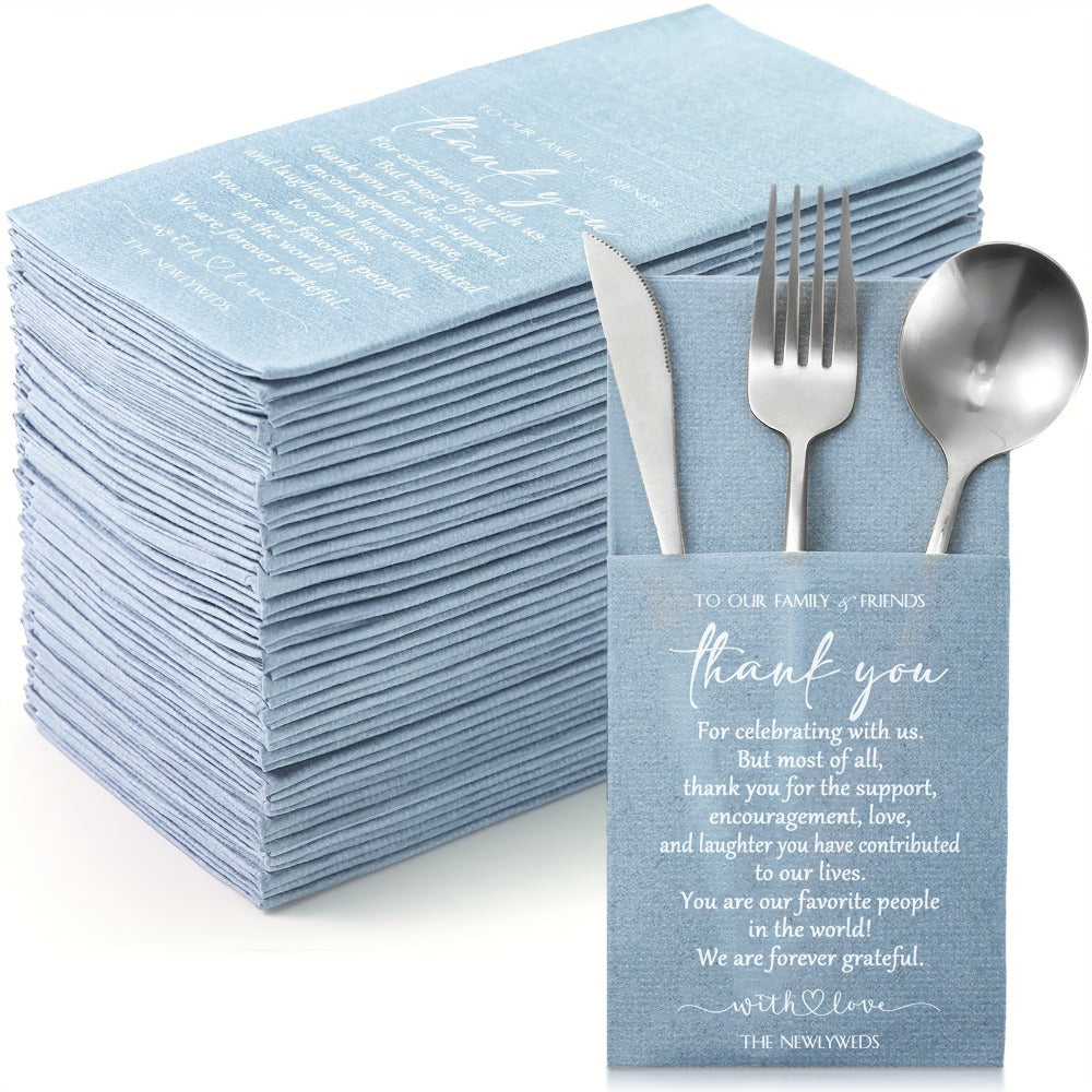Wedding Cocktail Napkins 100pcs Thank You Napkins with Utensil Pocket Haze Blue Tissue Napkins for Bridal Shower Rehearsal Dinner Reception Party Supplies Newlyweds Guests