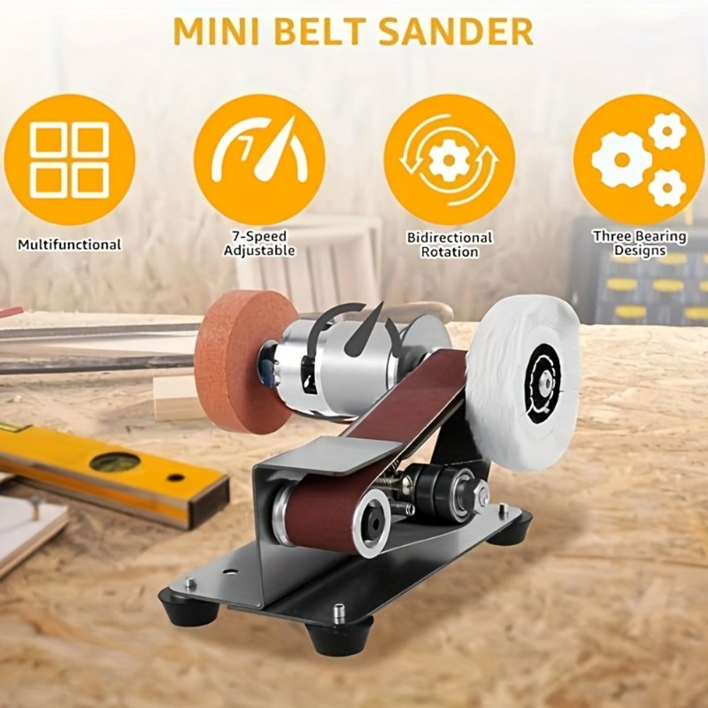 Mini Belt Sander 3-in-1 Electric Desktop Knife Sharpener 15 Degree 7 Speed Adjustable Polishing Machine for DIY Metal Wood Handicrafts Cutting Tools with Sanding Belts