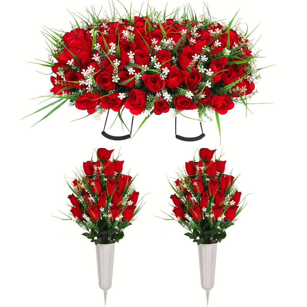 Artificial Cemetery Grave Flowers Silky Rose Bouquet Memorial Decoration
