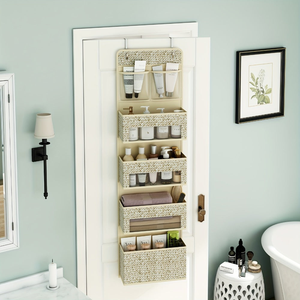2-Pack Over-The-Door Hanging Organizer with 5 Shelves & 4 Clear Pockets ¨C Beige Rattan Storage Rack for Closet, Bedroom & Bathroom