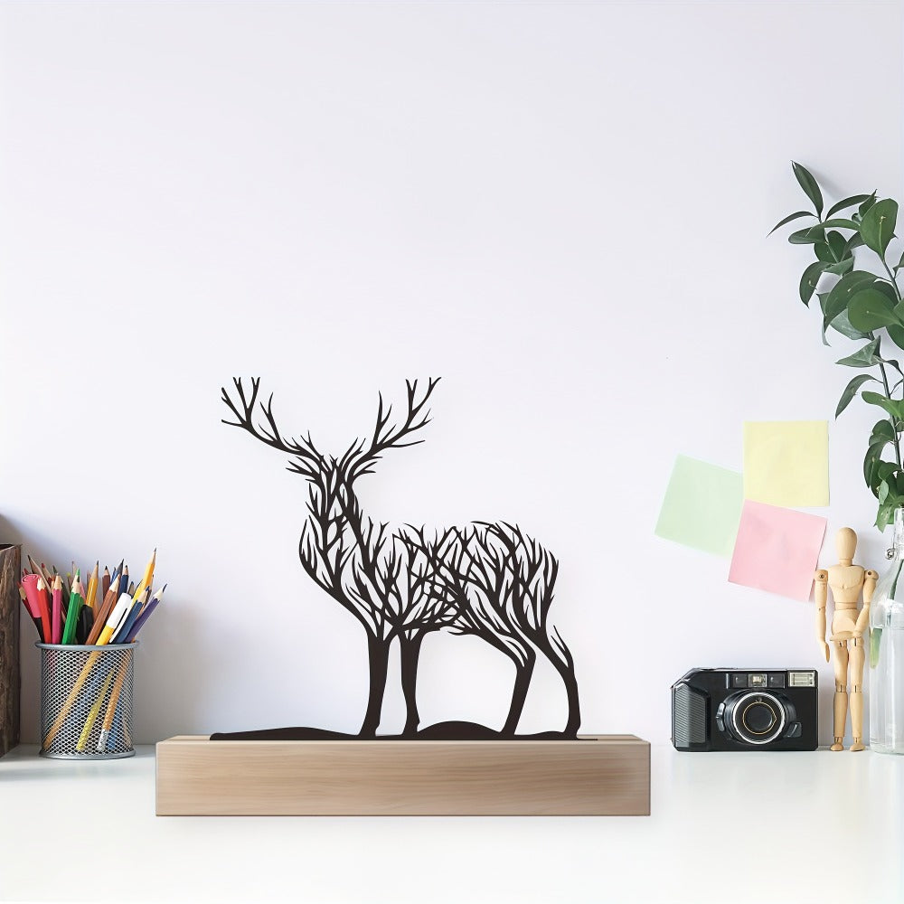 Tabletop Deer Branches Decoration with Wood Base - Iron Metal Antler Desk Sculpture for Living Room Bookshelf TV Cabinet Wine Cabinet Office Desk, Halloween Christmas New Year Home Decor Gift
