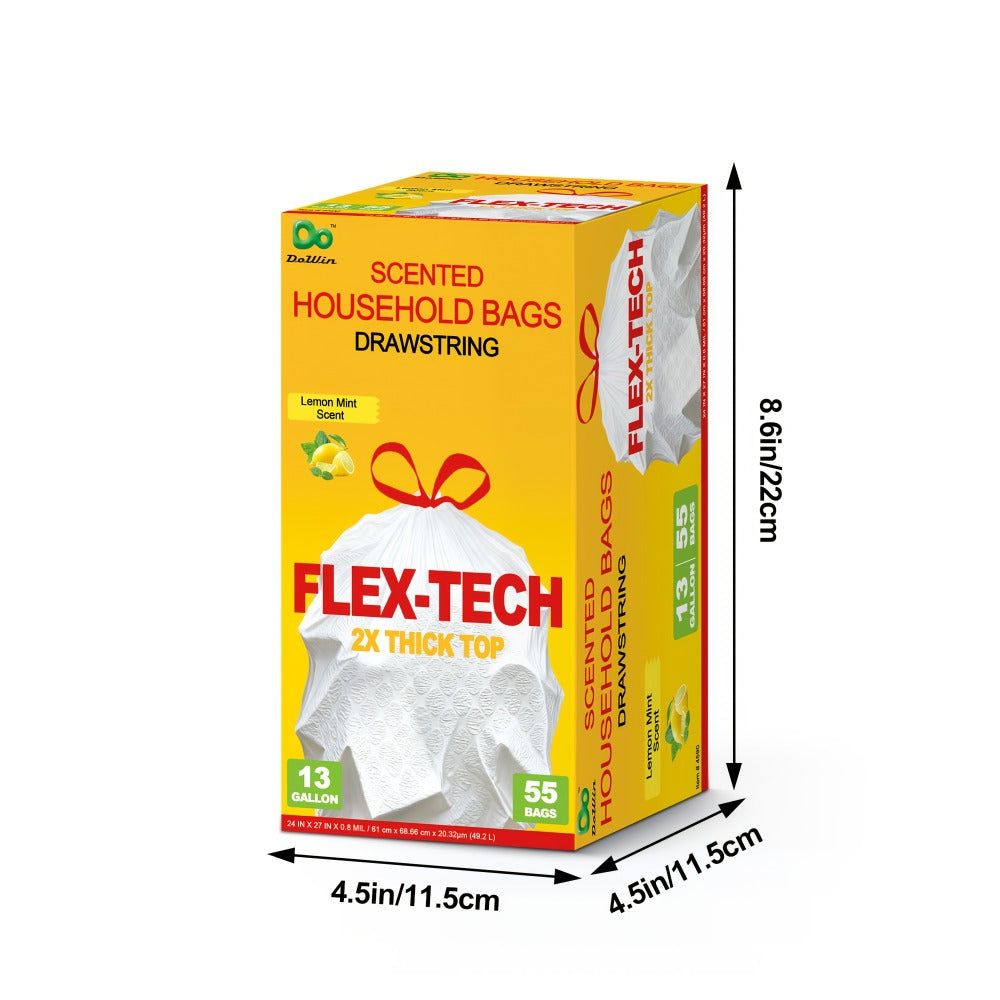 13 Gallon Trash Bags Drawstring Expandable Puncture Tear Resistant Leak-Proof Deodorizing Fresh Lemon Scent Super Durable Kitchen Garbage Bags for Kitchen Garden Large Trash Bins White 20 55 110 165 Count