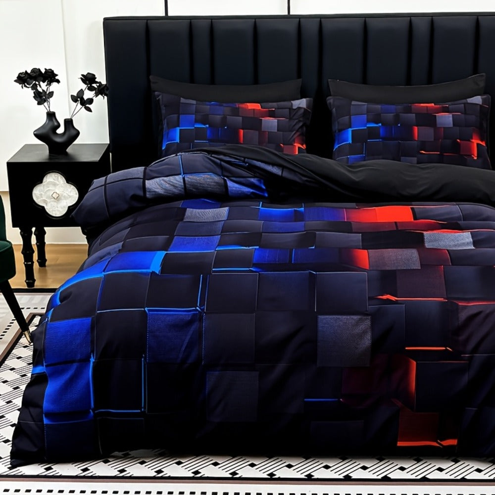 Duvet Cover Set 3 Piece Plaid Digital Print Polyester Bedding All Season Twin Full Queen King Size with Pillowcases Purple Blue Red