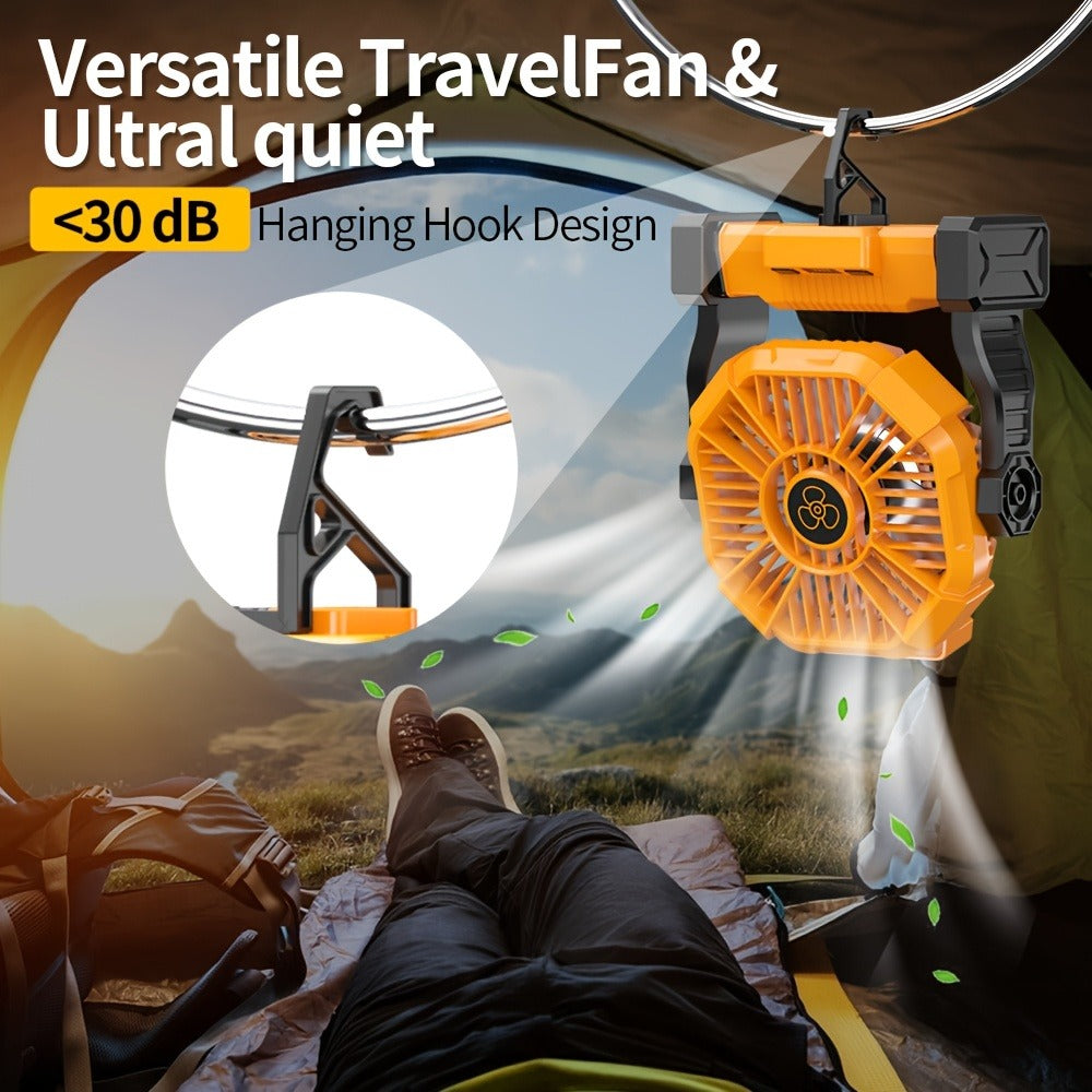 Portable Outdoor Fan 20000mAh, 3-in-1 Rechargeable Camping Fan with LED Lantern & Power Bank, Timer Rotation Hook for Tent Golf BBQ Travel Party Power Outage, Pink Green Black Orange Purple Blue